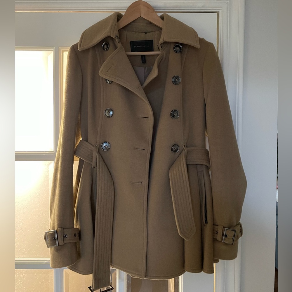 BCBG Wool and cashmere camel peplum coat size small